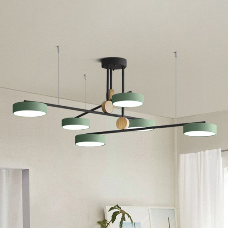Tak kroonluchter verlichtingsbeveiliging Noordse metalen 6 koppen grijs/groen hanglamp met houten decor, warm/wit licht