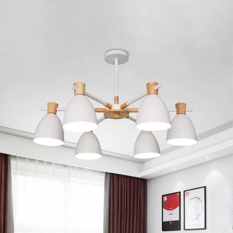 Nordic Bell Shaped Hanging Light Iron 6 Bulbs Living Room Chandelier in White with Wood Accent