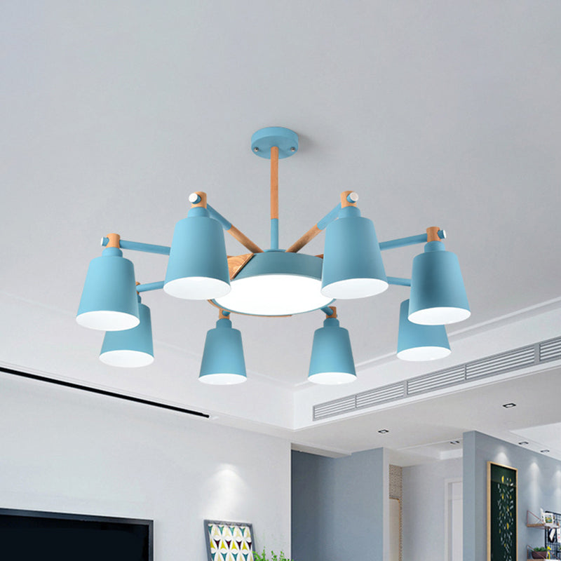 3/5/8-Light Living Room Chandelier Lamp Macaron Grey/Blue/White and Wood Suspension Pendant with Bucket Metal Shade
