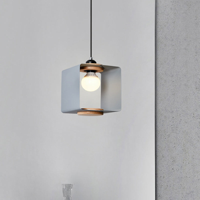 1-Light Bedroom Pendulum Light Macaron Yellow/Blue/White and Wood Hanging Pendant with Square Iron Frame