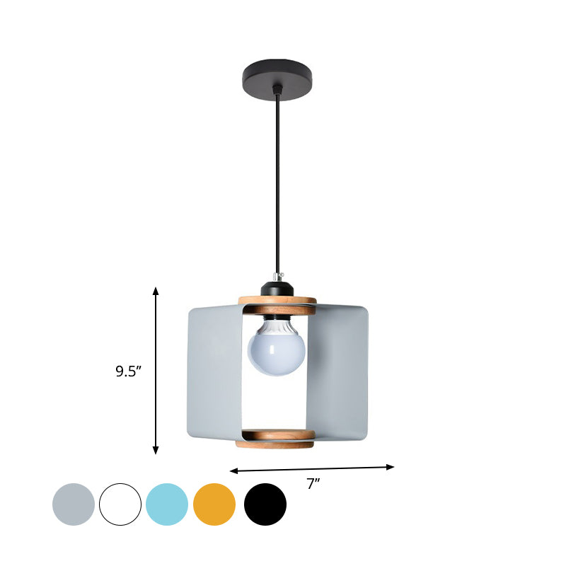 1-Light Bedroom Pendulum Light Macaron Yellow/Blue/White and Wood Hanging Pendant with Square Iron Frame
