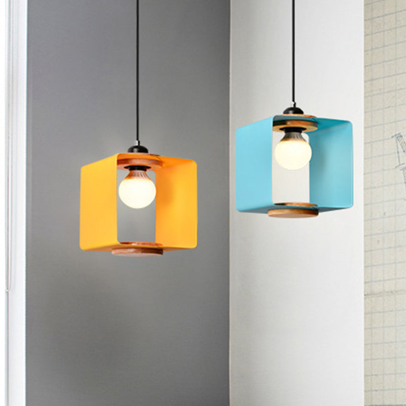 1-Light Bedroom Pendulum Light Macaron Yellow/Blue/White and Wood Hanging Pendant with Square Iron Frame