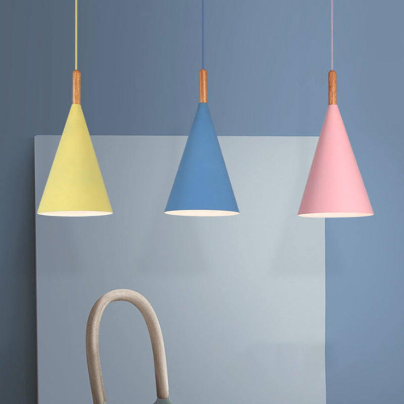 Conical Kindergarten Ceiling Pendant Iron 1-Light Macaron Hanging Light Fixture in Pink/Yellow/Grey with Wood Grip