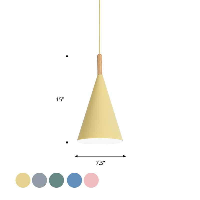 Conical Kindergarten Ceiling Pendant Iron 1-Light Macaron Hanging Light Fixture in Pink/Yellow/Grey with Wood Grip
