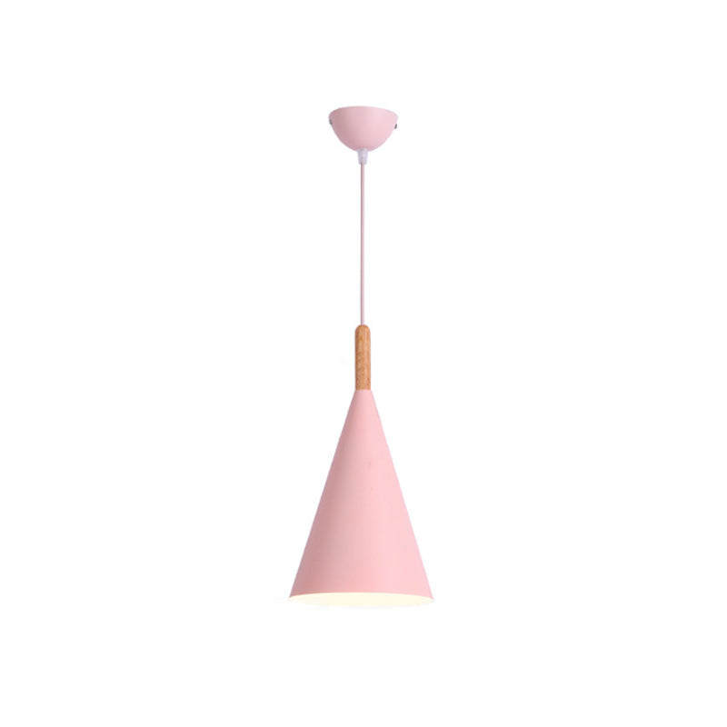 Conical Kindergarten Ceiling Pendant Iron 1-Light Macaron Hanging Light Fixture in Pink/Yellow/Grey with Wood Grip