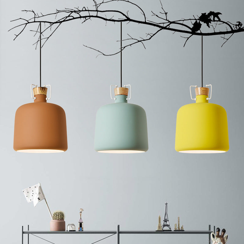 Polie de vin en forme d'éclairage Macaron Aluminium 1-Light Open Kitchen Pendant Lampe en bleu / or / brun avec bouchon de bois