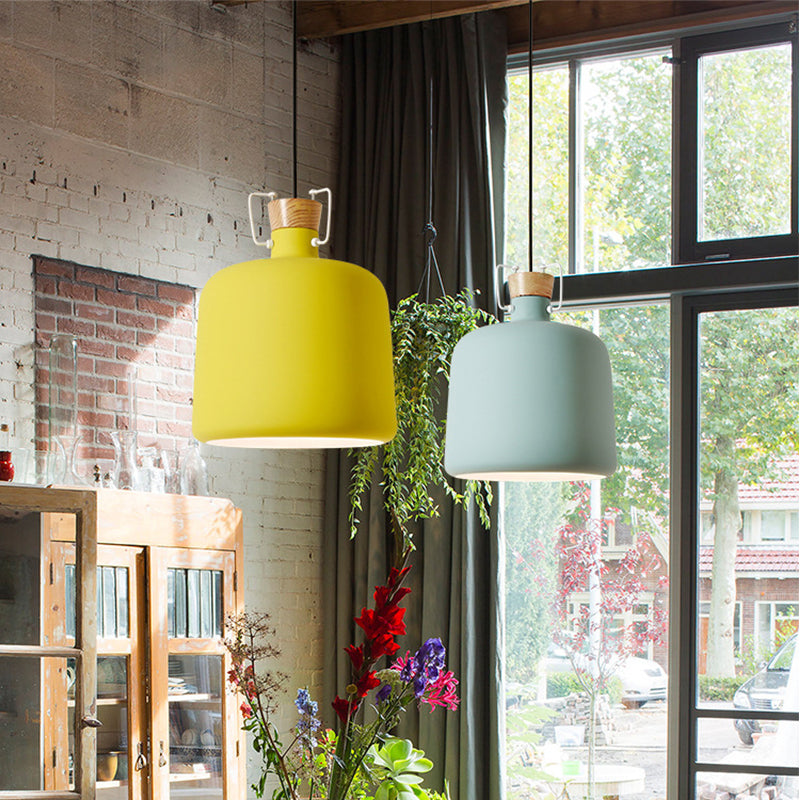 Polie de vin en forme d'éclairage Macaron Aluminium 1-Light Open Kitchen Pendant Lampe en bleu / or / brun avec bouchon de bois