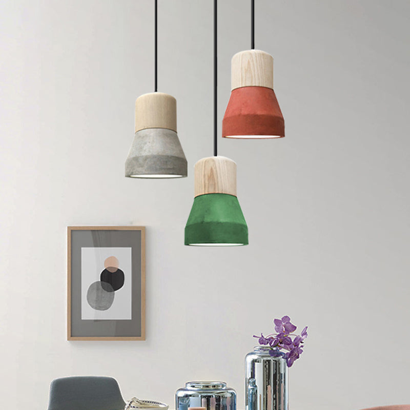 Bouteille de ciment petite lampe suspendue macaron simple rouge / gris / gris plafond pendentif avec haut en bois