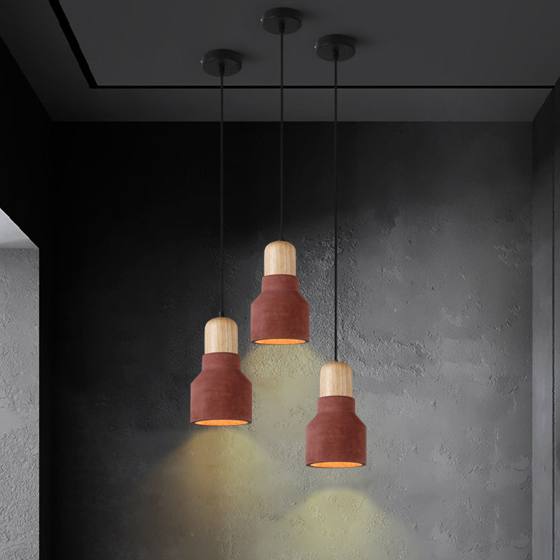 Cement Bottle Small Hanging Lamp Macaron Single Red/Grey/Green Ceiling Pendant Light with Wood Top