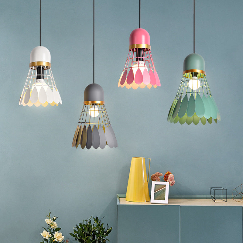 1 Bulb Kitchen Dinette Drop Lamp Macaron Pink Pendant Ceiling Light with Bottle/Badminton/Cone Metal Shade