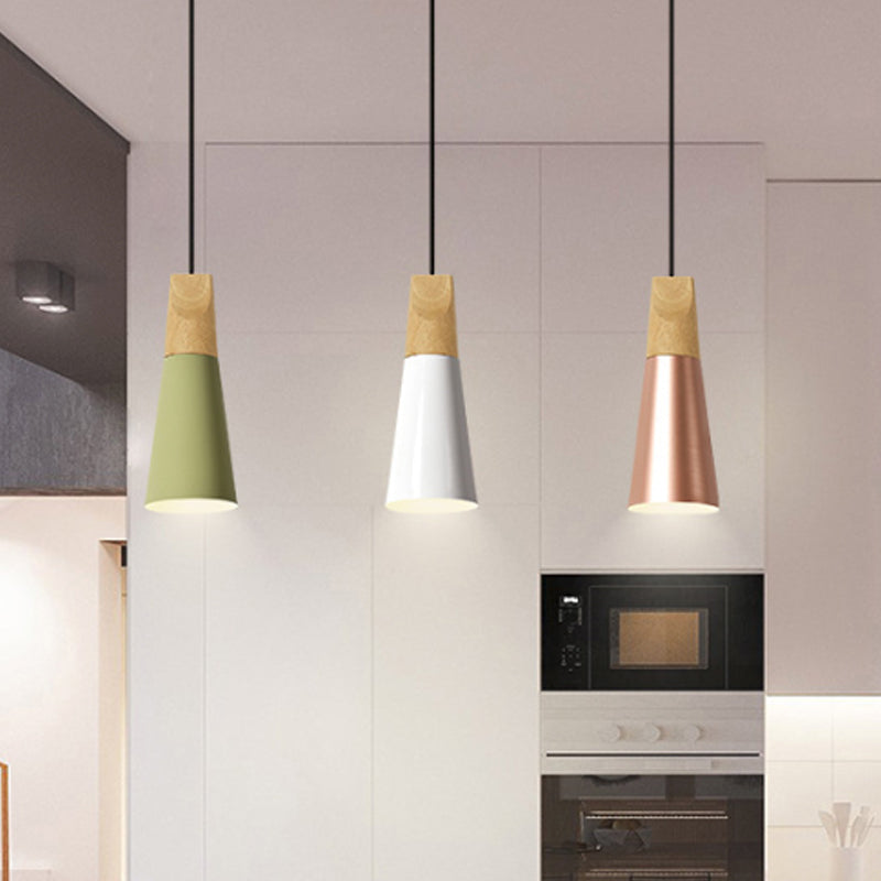 Aluminium mini-kegel suspensie-lamp Macaron single-bulb hangend hanglamp in zwart/roze/groen en hout