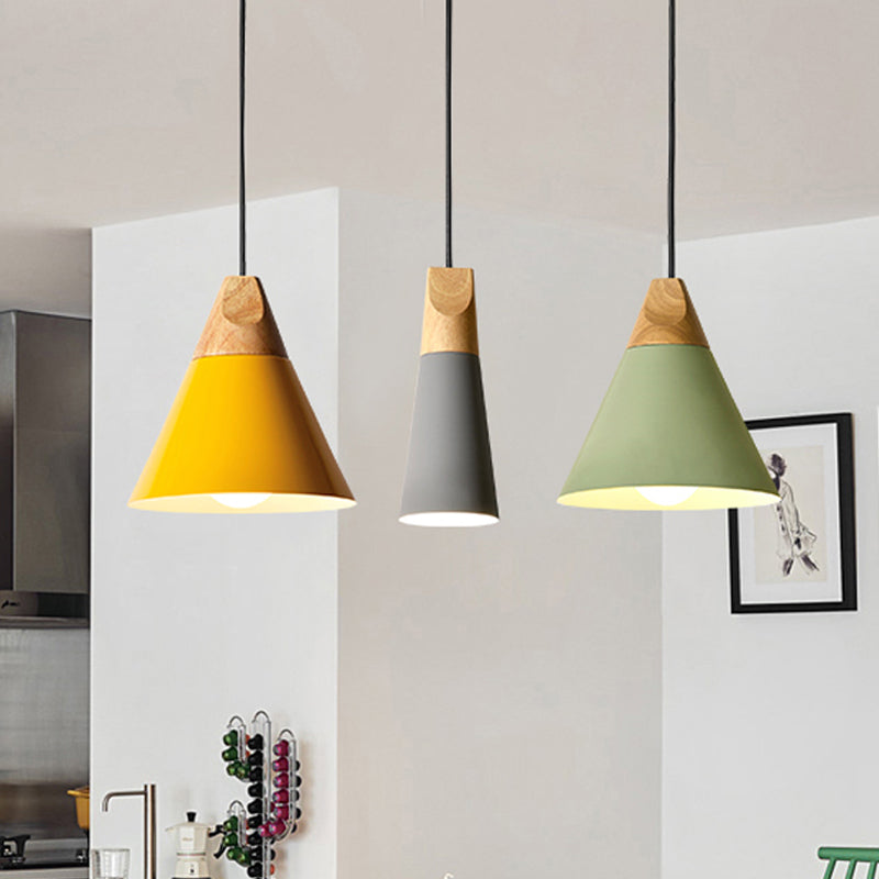 Aluminum Mini Cone Suspension Lamp Macaron Single-Bulb Hanging Pendant Light in Black/Pink/Green and Wood