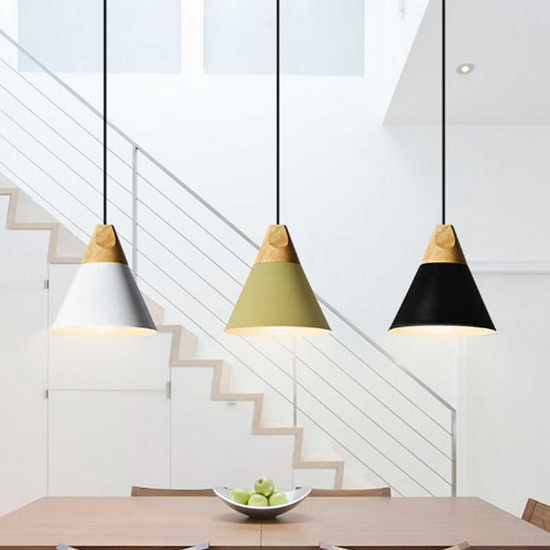 Aluminum Mini Cone Suspension Lamp Macaron Single-Bulb Hanging Pendant Light in Black/Pink/Green and Wood