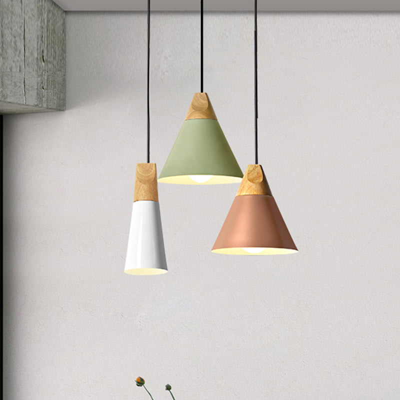 Aluminum Mini Cone Suspension Lamp Macaron Single-Bulb Hanging Pendant Light in Black/Pink/Green and Wood