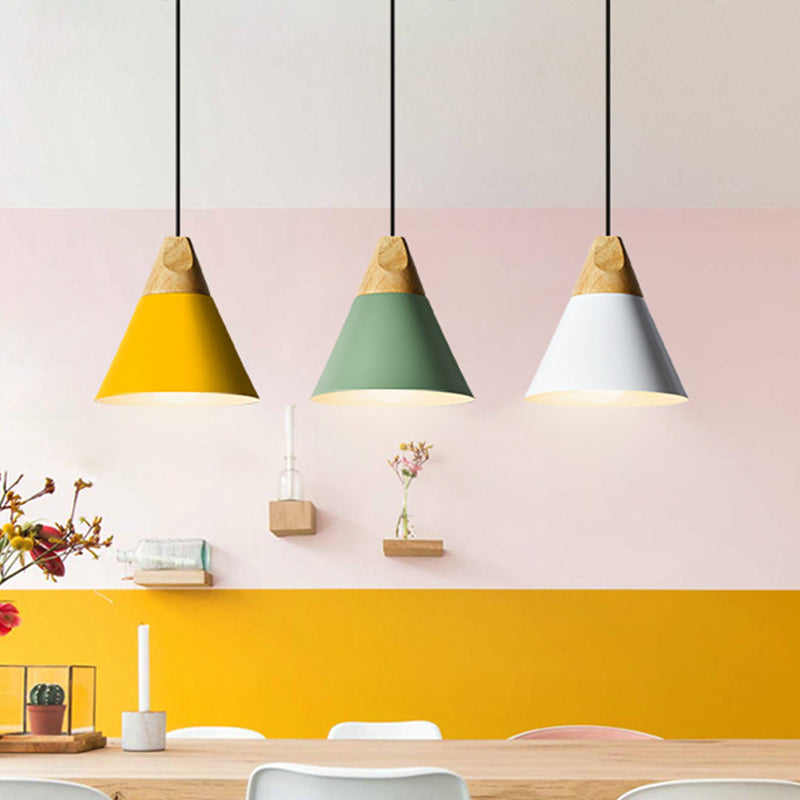 Aluminum Mini Cone Suspension Lamp Macaron Single-Bulb Hanging Pendant Light in Black/Pink/Green and Wood