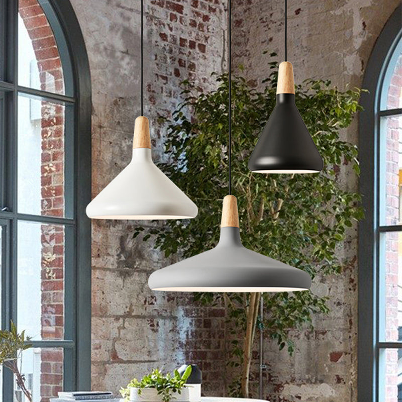 Conical hangende plafondlicht macaron aluminium 1-bulb roze/goud/grijs en houten hanglamp lampje over tafel