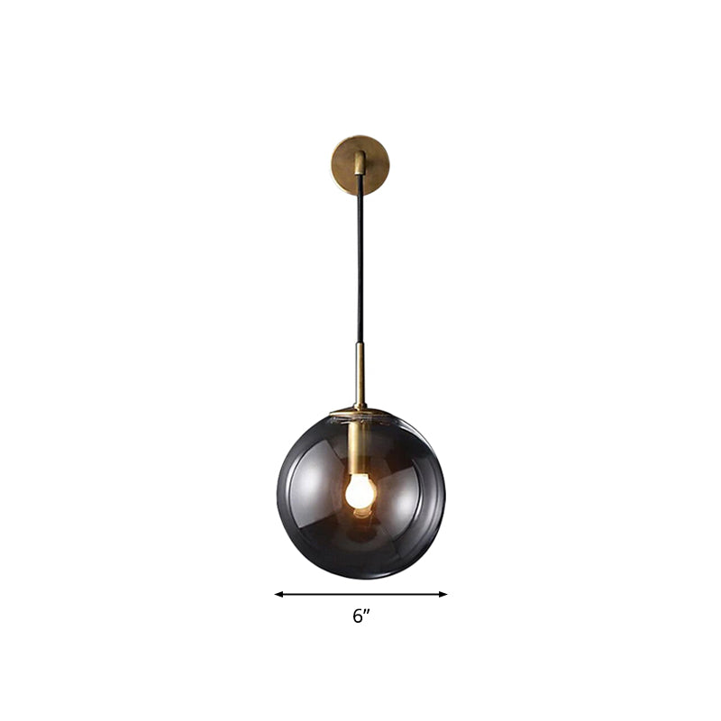 Modern Spherical Wall Lighting Fixture 1 Bulb Smoked Glass Sconce Light in Black/Brass for Living Room, 8"/10"