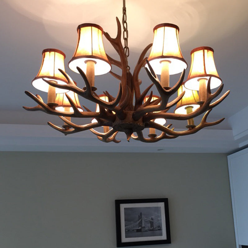 8-Head Faux Antler Pendant Lamp Rural Brown Fabric Flared Shade Chandelier Lighting for Dining Room