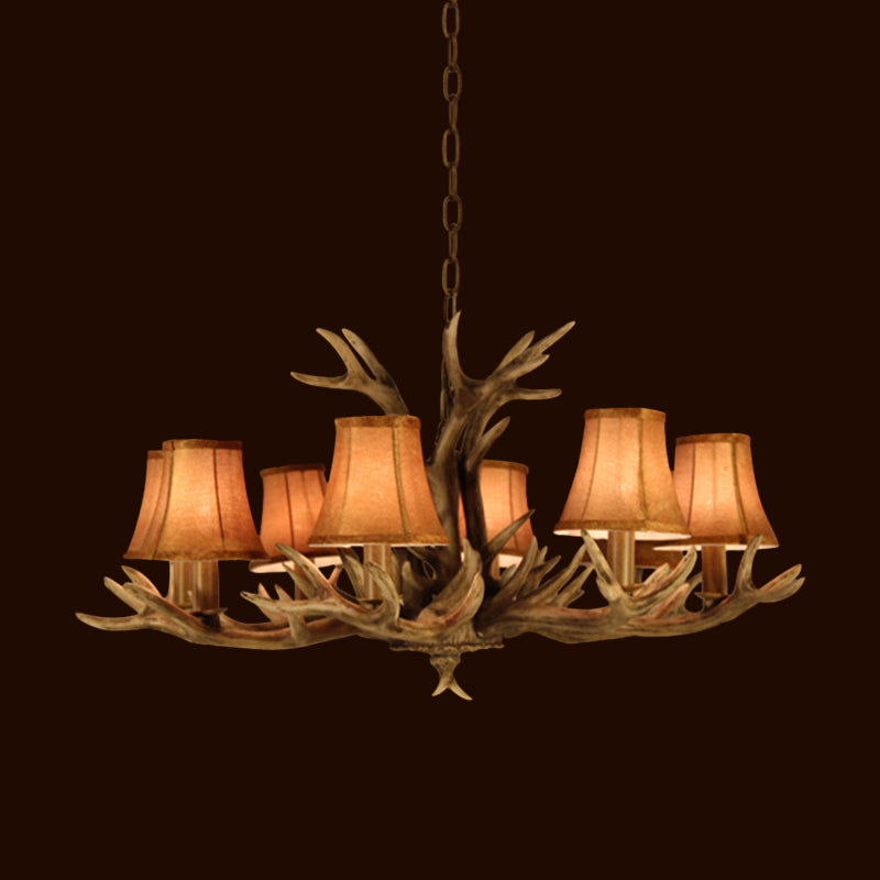 8-Head Faux Antler Pendant Lamp Rural Brown Fabric Flared Shade Chandelier Lighting for Dining Room