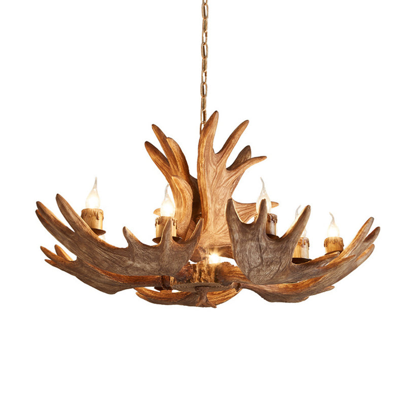 10 Lights Hanging Lamp Kit Lodge Faux Moose Horn Resin Chandelier Pendant in Brown
