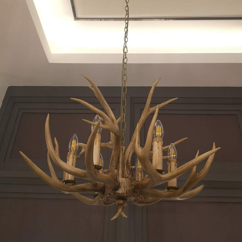 6 lumières Lautres Plafond Horn Pendant Rural Rural Brown Resin Chandelier Lampe pour le salon