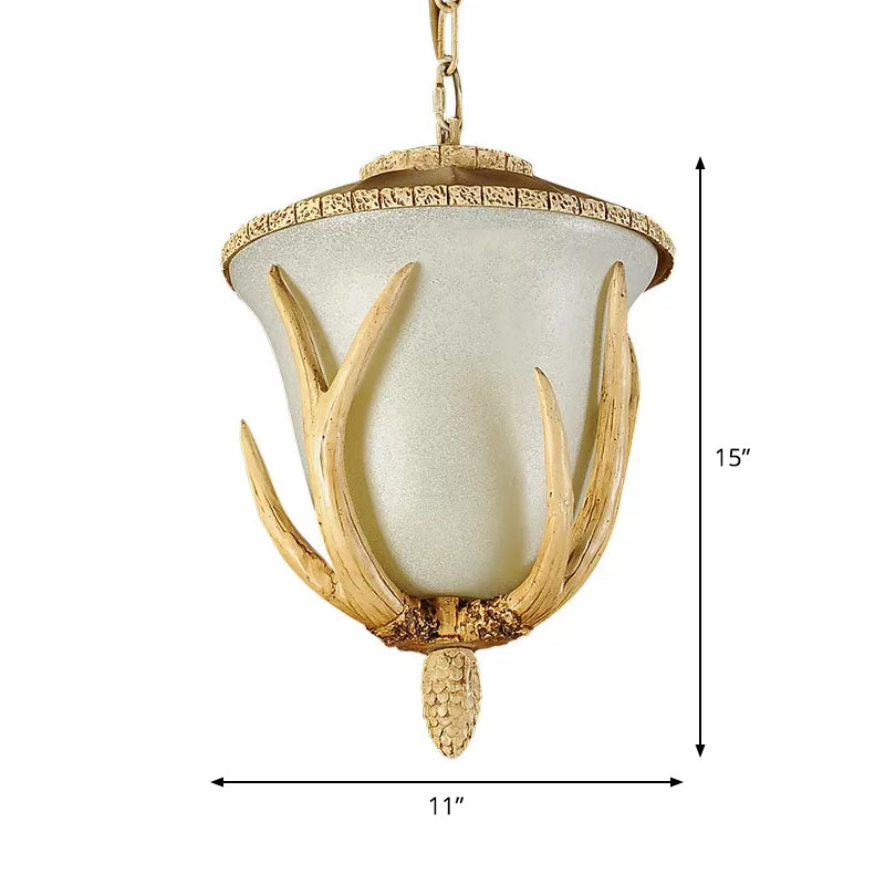 Single-Bulb Pendant Light Country Bistro Antler Detailed Hanging Lamp with Bell White Glass Shade in Brown