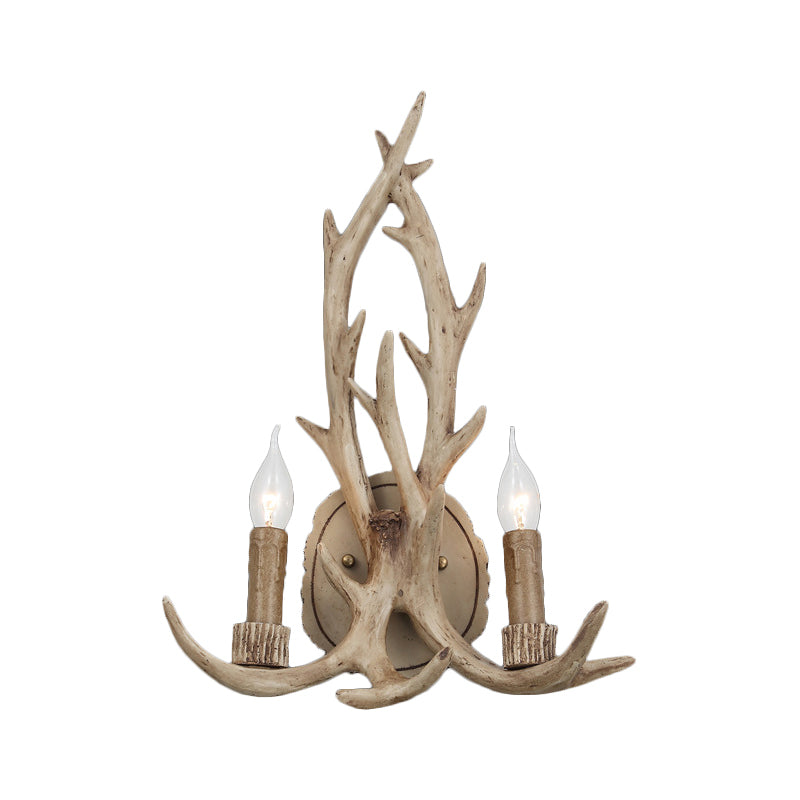 2 Heads Antler Wall Light Fixture Rustic Coffee/Brown/Grey Resin Wall Mounted Lamp with Naked Bulb Design