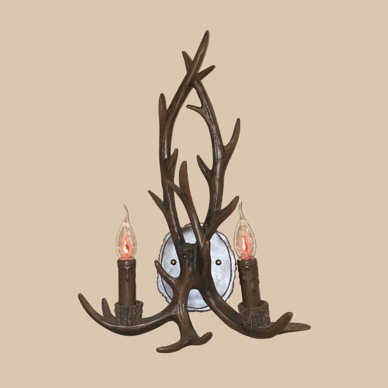 2 Heads Antler Wall Light Fixture Rustic Coffee/Brown/Grey Resin Wall Mounted Lamp with Naked Bulb Design