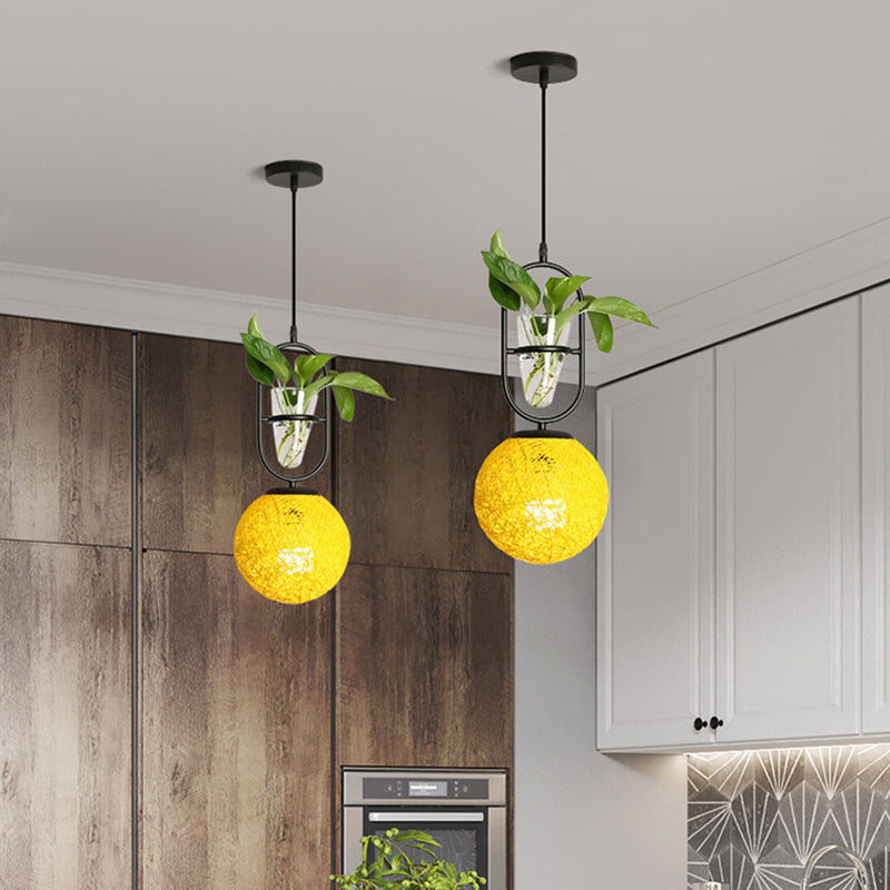 Rattan Globe Hanging Ceiling Light Macaron 1 Head Kitchen Drop Pendant in Beige/Red/Pink with Plant Pot