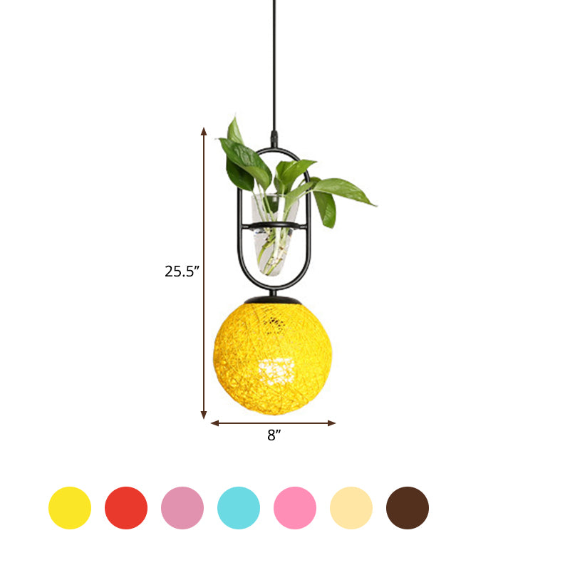 Rattan Globe Hanging Ceiling Light Macaron 1 Head Kitchen Drop Pendant in Beige/Red/Pink with Plant Pot