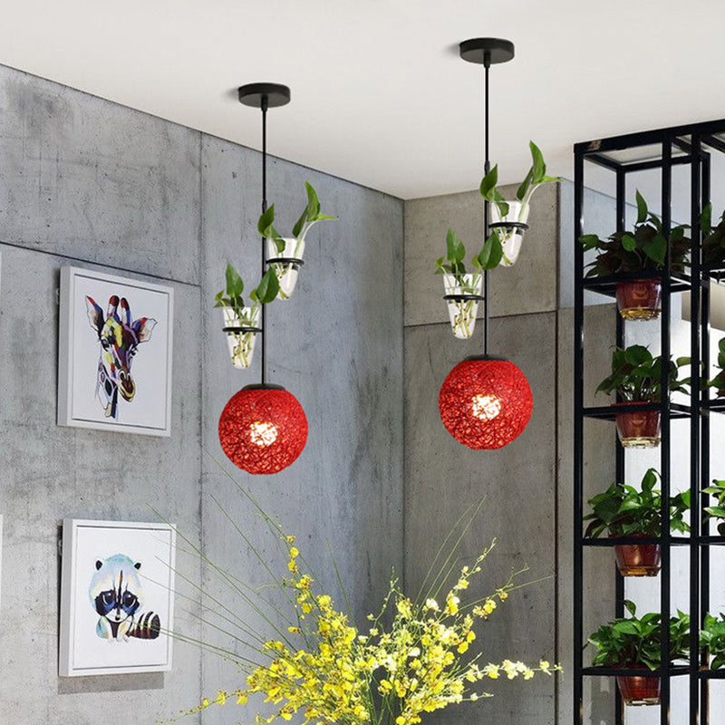 Rattan Globe Hanging Ceiling Light Macaron 1 Head Kitchen Drop Pendant in Beige/Red/Pink with Plant Pot