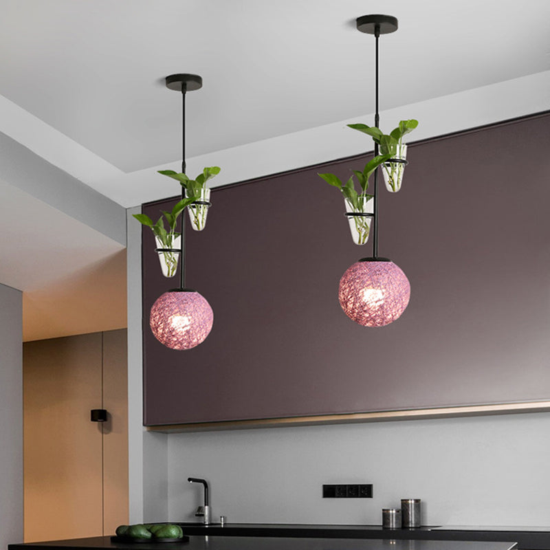 Rattan Globe Hanging Ceiling Light Macaron 1 Head Kitchen Drop Pendant in Beige/Red/Pink with Plant Pot