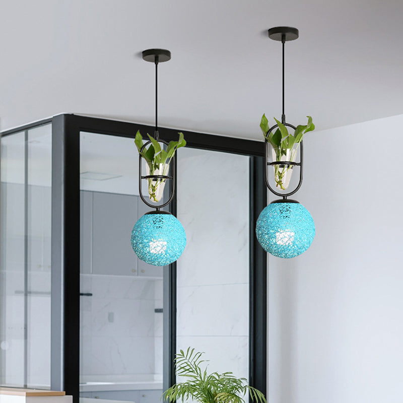 Rattan Globe Hanging Ceiling Light Macaron 1 Head Kitchen Drop Pendant in Beige/Red/Pink with Plant Pot