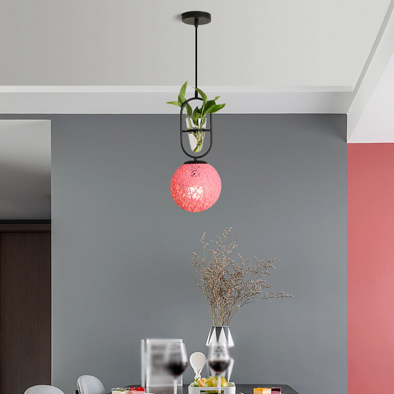 Rattan Globe Hanging Ceiling Light Macaron 1 Head Kitchen Drop Pendant in Beige/Red/Pink with Plant Pot