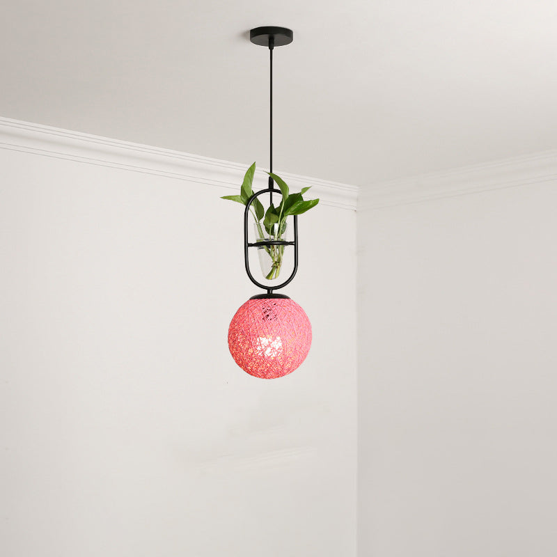 Rattan Globe Hanging Ceiling Light Macaron 1 Head Kitchen Drop Pendant in Beige/Red/Pink with Plant Pot