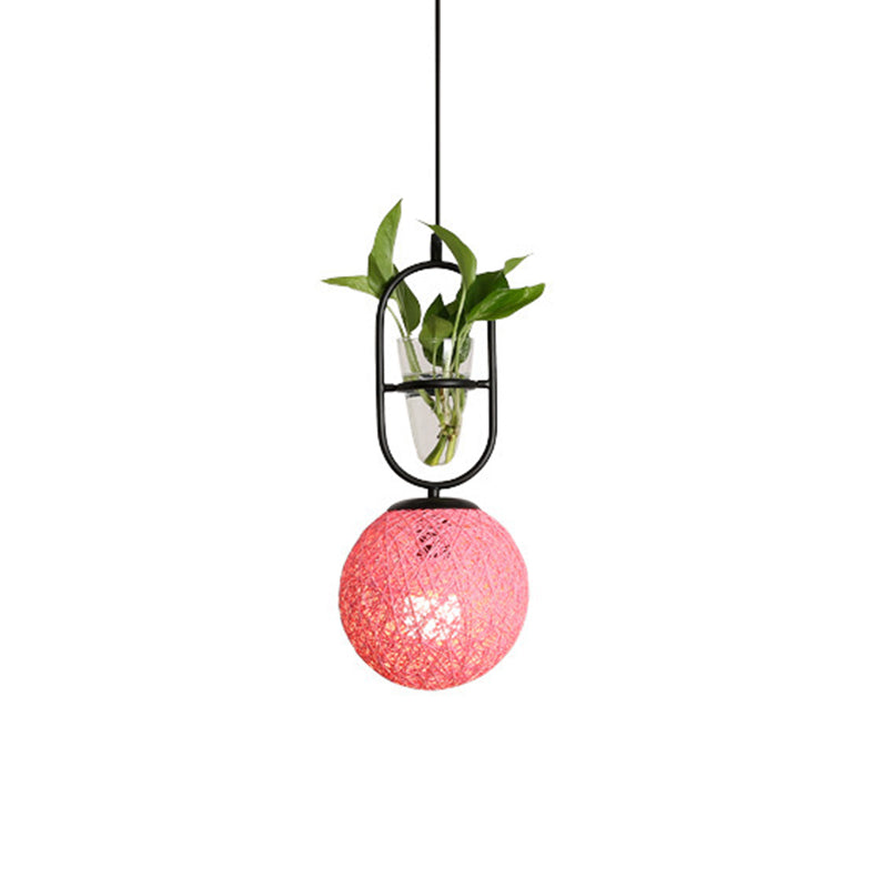 Rattan Globe Hanging Ceiling Light Macaron 1 Head Kitchen Drop Pendant in Beige/Red/Pink with Plant Pot