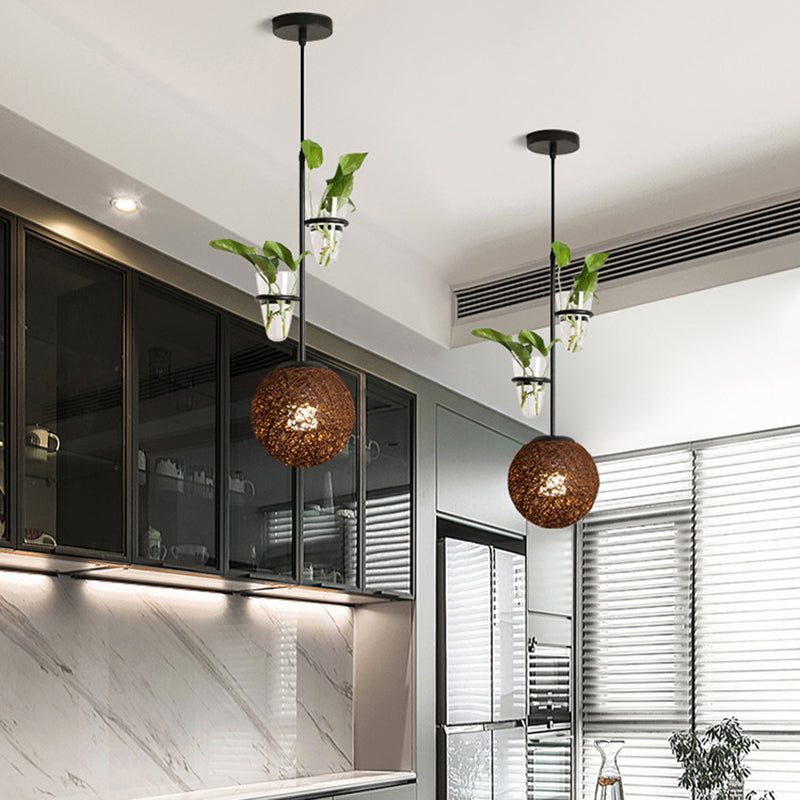 Rattan Globe Hanging Ceiling Light Macaron 1 Head Kitchen Drop Pendant in Beige/Red/Pink with Plant Pot