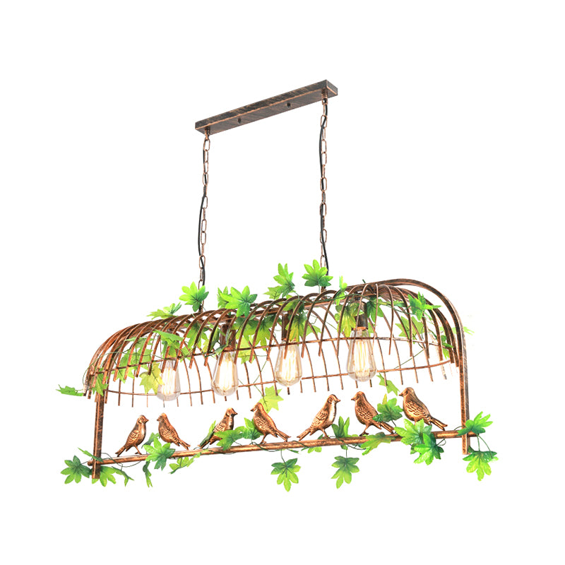 Birdcage Dining Room Island Light Iron Industrial Iron a 4 teste Black/Bronzo sospeso con pianta decorativa e uccello