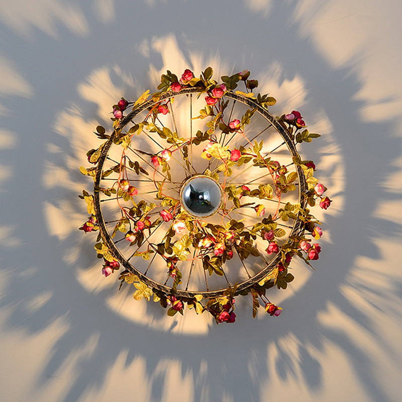 Wheel Iron LED Wall Light Fixture Farmhouse Garage Plant Sconce Lighting in Pink/Green/Rose Red