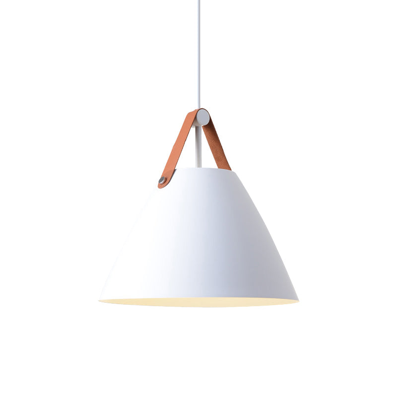 Metal Truncated Cone Drop Pendant Nordic 1-Light Black/Grey/White Suspension Lighting with Leather Strap, 10.5"/14" W