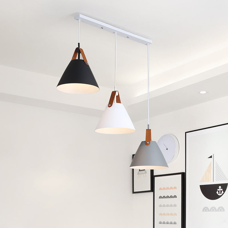 Métal en forme de frustum Macaron de lumière suspendue 3 bulbes Blue-rose jaune / pendant noir-grey-blanc dans une lumière chaude / blanche, canopée ronde / linéaire