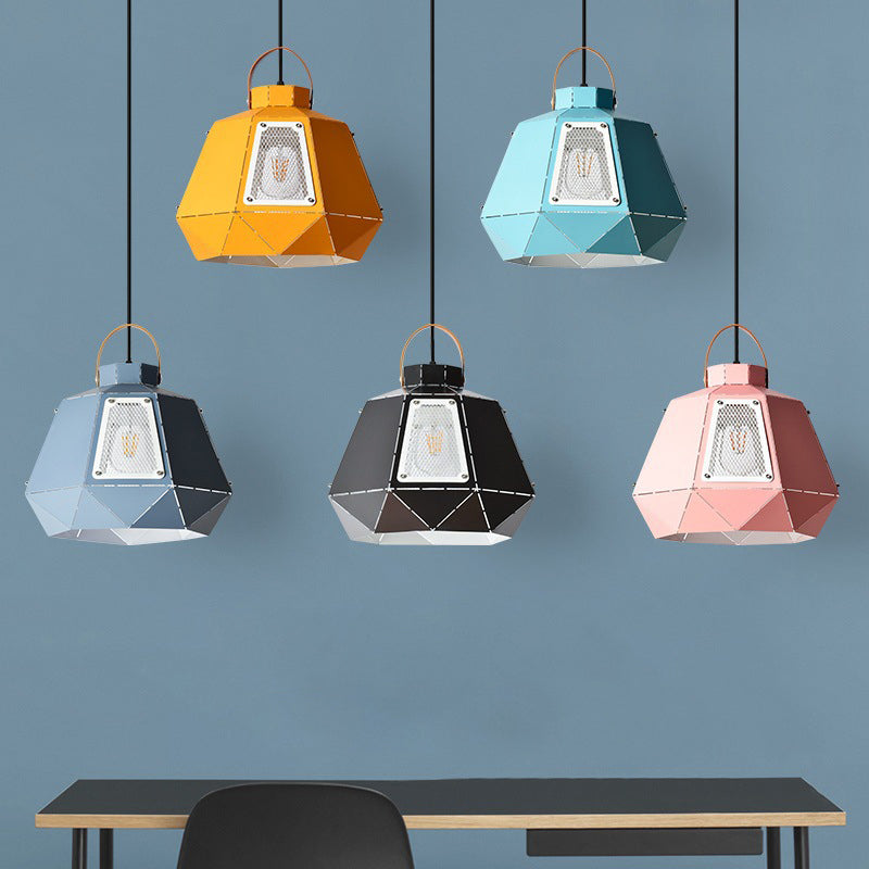 Macaron Laser-Cut Pot Pendant Light Kit Iron 1 Head Pink/Yellow/Blue Suspension Lighting with Mesh Screen