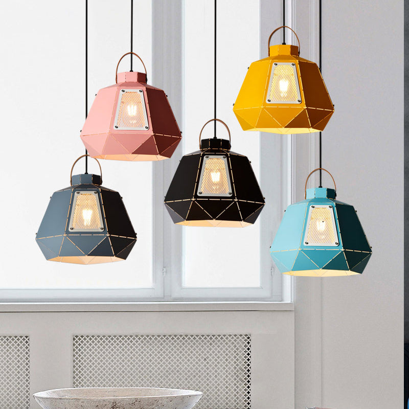 Macaron laser-gesneden pot hanglichtkit Iron 1 kop roze/geel/blauwe suspensieverlichting met gaasscherm