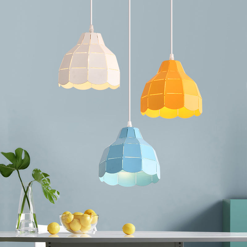 Laser Cut Floral Aluminum Drop Pendant Macaron 1 Bulb Green/Yellow/Grey Hanging Light Fixture