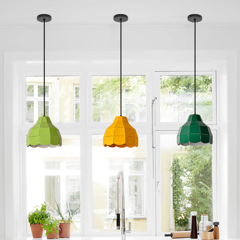 Laser Cut Floral Aluminum Drop Pendant Macaron 1 Bulb Green/Yellow/Grey Hanging Light Fixture