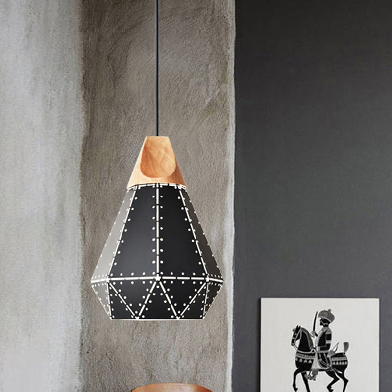 Diamond Iron Hanging Pendant Macaron 1-Light Grey/White/Blue and Wood Suspension Lamp with Laser Cut Design