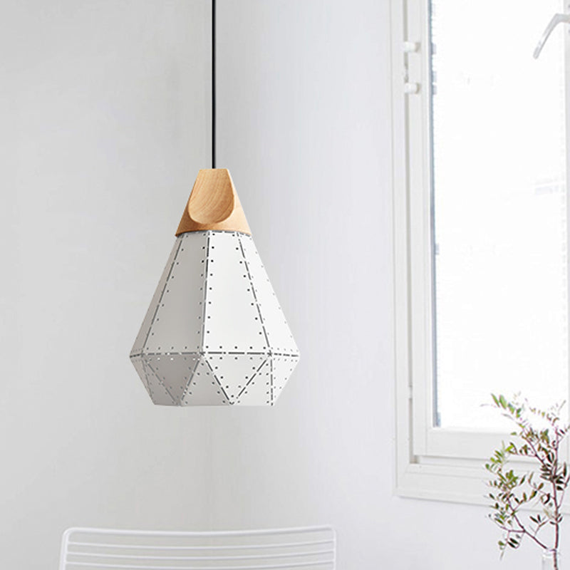 Diamond Iron Hanging Pendant Macaron 1-Light Grey/White/Blue and Wood Suspension Lamp with Laser Cut Design