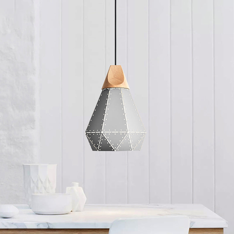Diamond Iron Hanging Pendant Macaron 1-Light Grey/White/Blue and Wood Suspension Lamp with Laser Cut Design