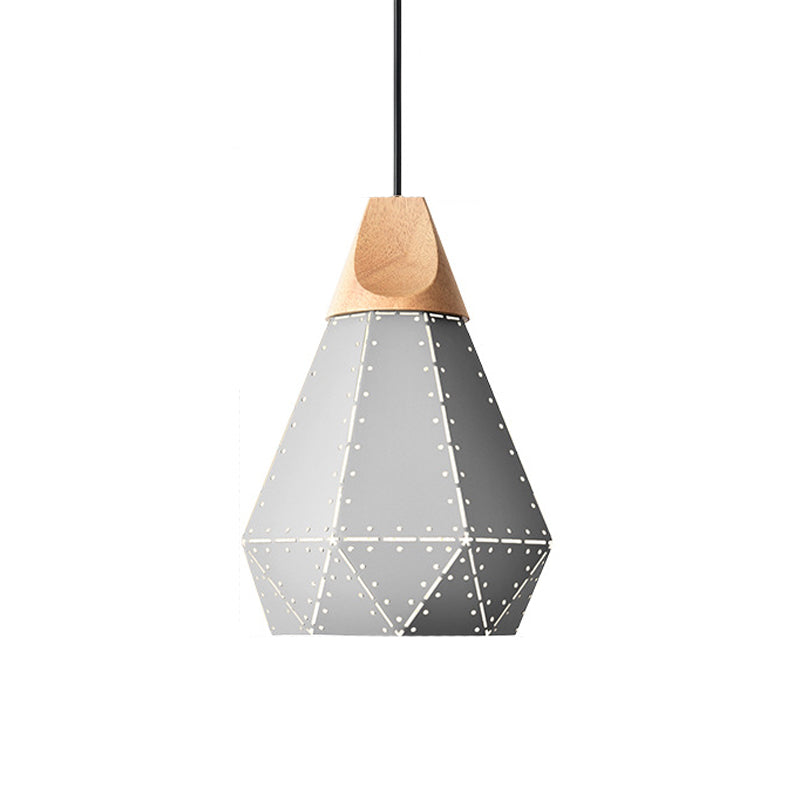 Diamond Iron Hanging Pendant Macaron 1-Light Grey/White/Blue and Wood Suspension Lamp with Laser Cut Design