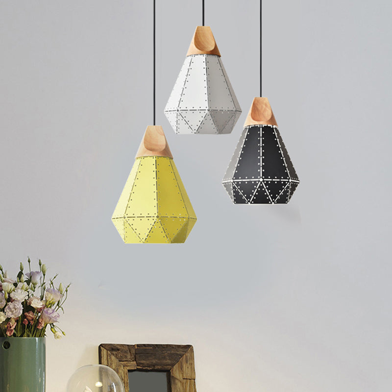 Diamond Iron Hanging Pendant Macaron 1-Light Grey/White/Blue and Wood Suspension Lamp with Laser Cut Design